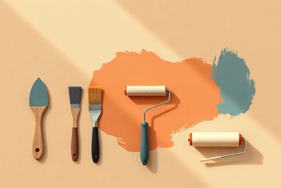 Outils de peinture disposés dans l'ordre des étapes du chantier