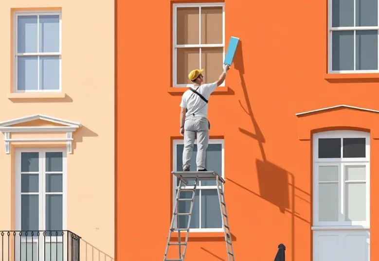 Peintre sur échafaudage traitant la façade d'une maison